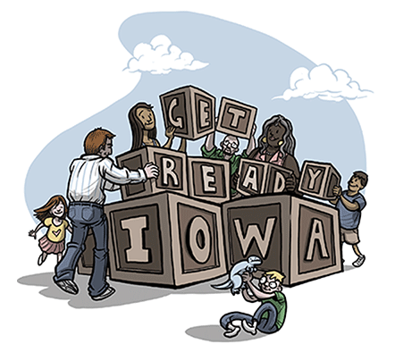 Image of people assembling building blocks that spell out Get Ready Iowa.